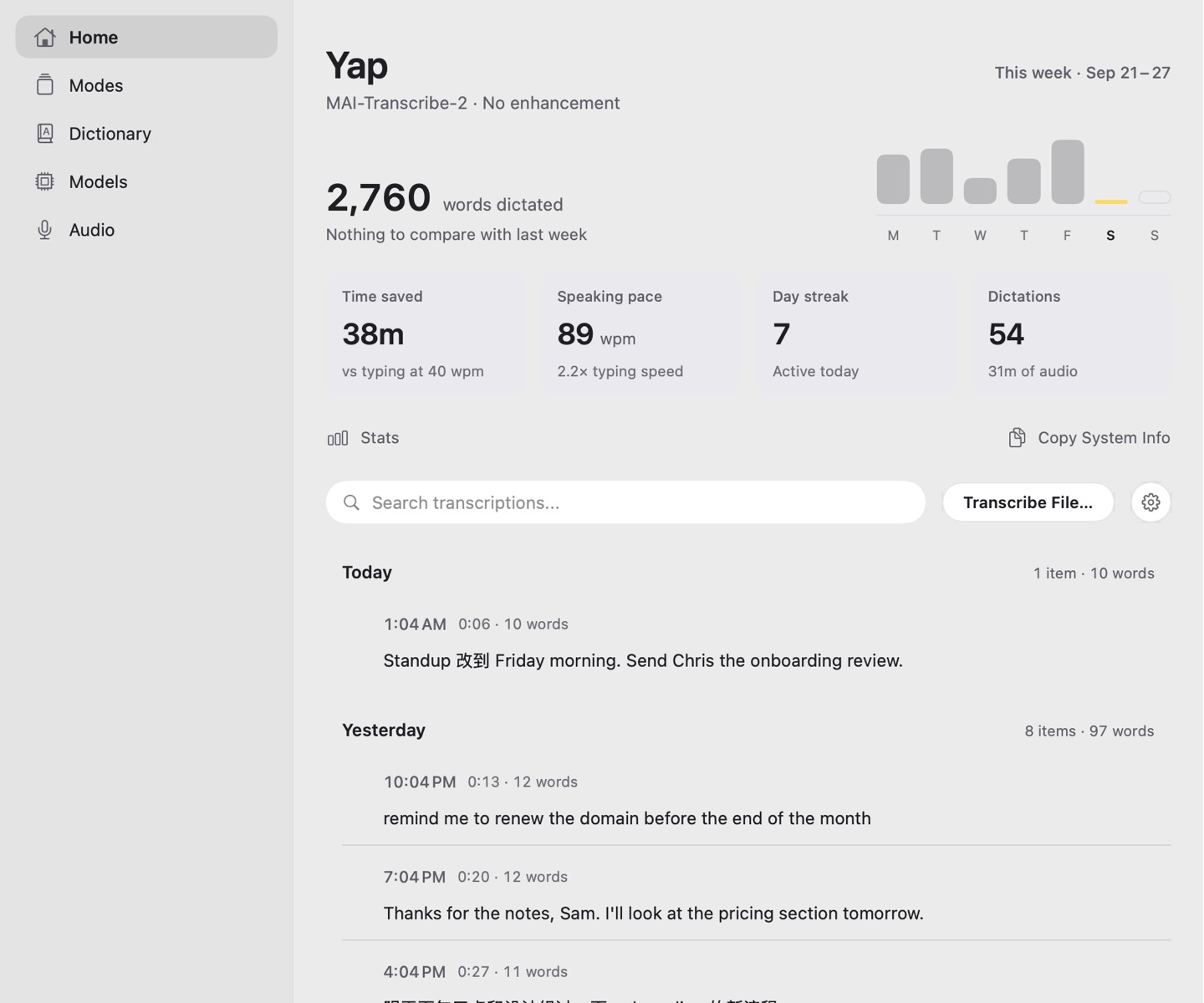 Yap's Home: Yap Cloud balance, this week's words dictated and time saved, and today's transcripts mixing English and Chinese.